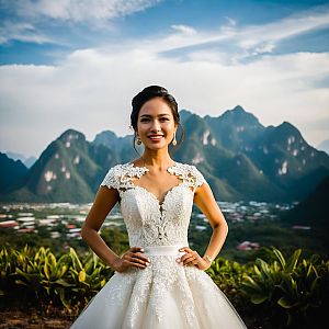 Smiling Bride in Lace Dress Outdoors
