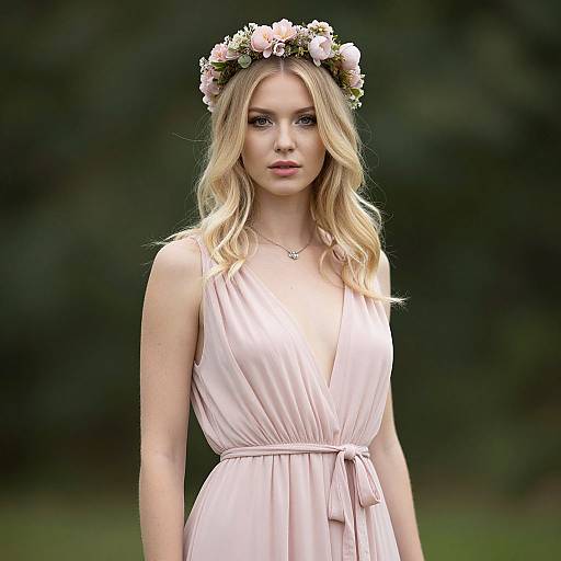Elegant Blonde Woman in Pink Dress with Flower Crown Outdoors