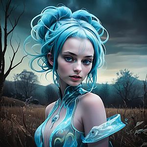 Ethereal Woman with Blue Hair in Twilight