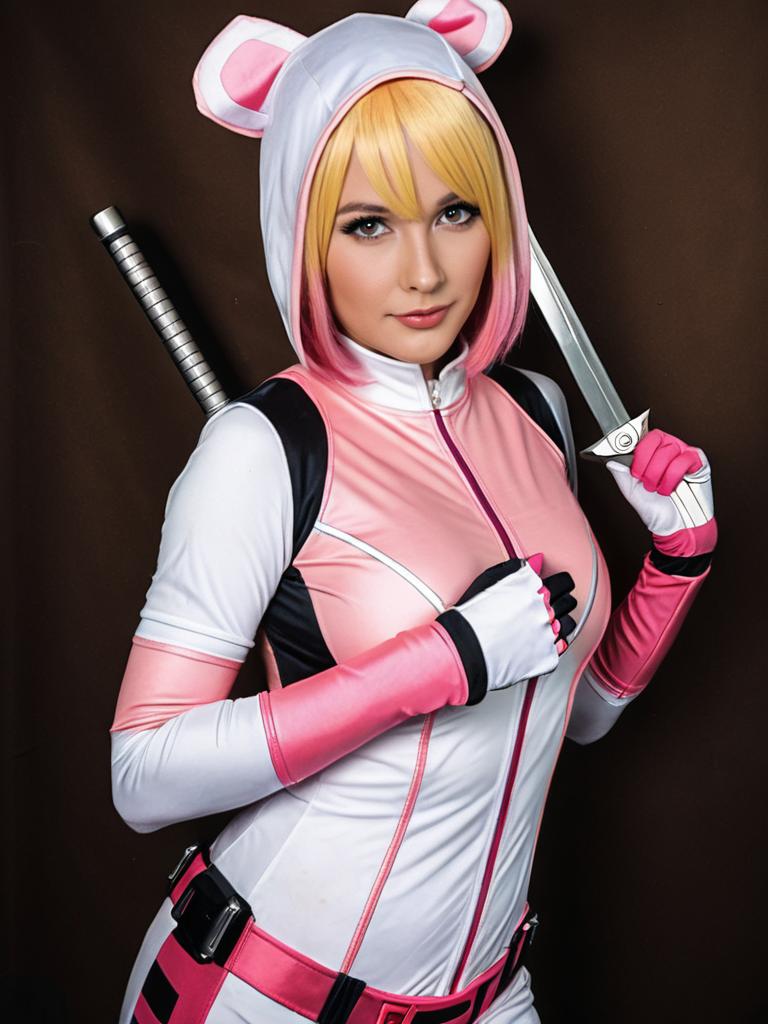 Realistic Gwenpool Cosplay Woman in Pink and White Costume with Sword