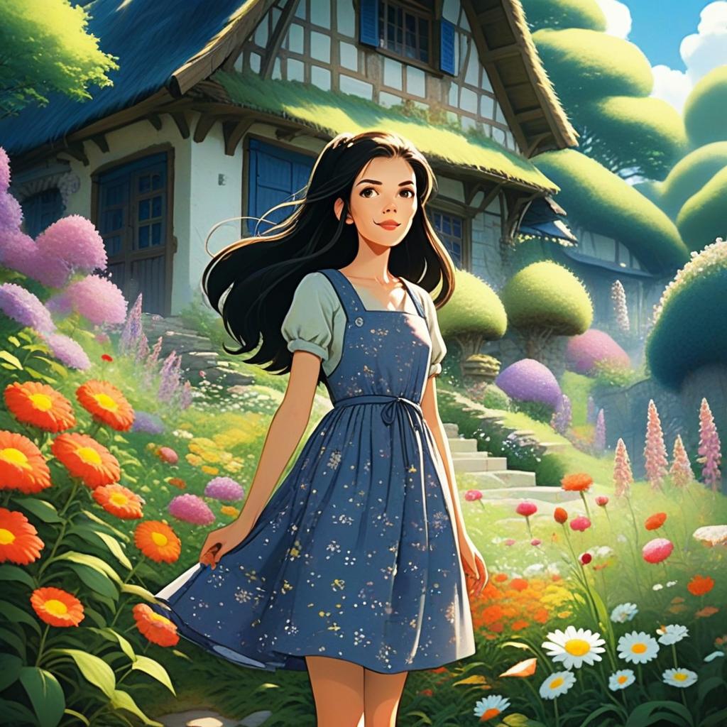 Young Woman in Flower Garden by Cottage