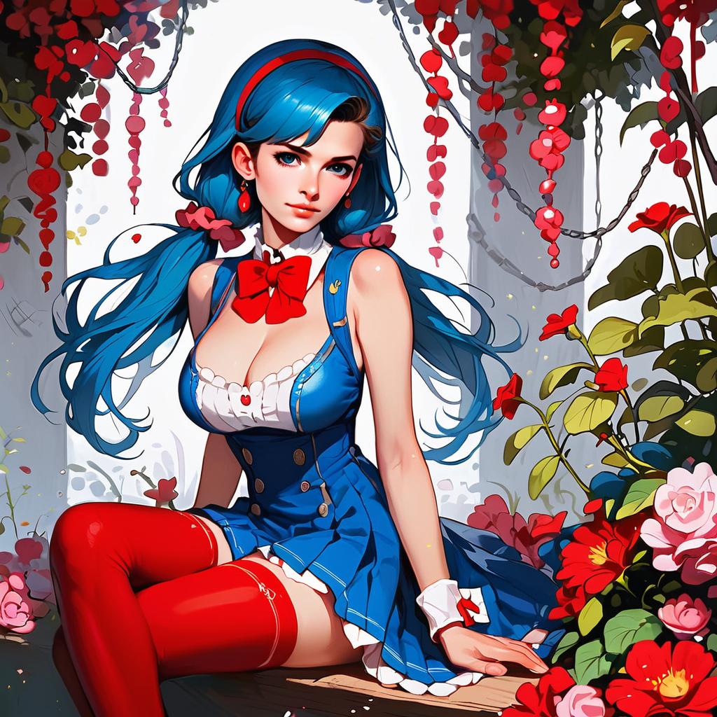 Anime Woman with Blue Hair in Floral Setting