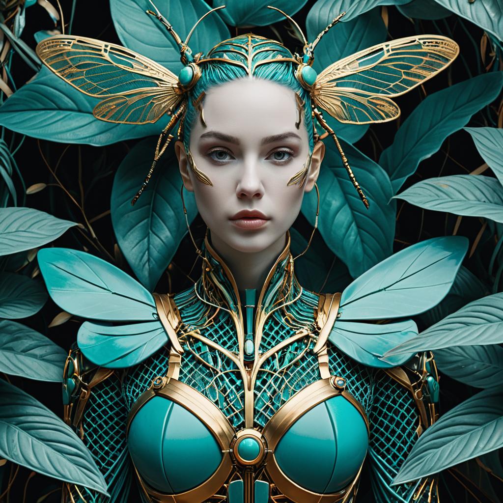Futuristic Woman in Ornate Insect-Inspired Costume with Turquoise and Gold Design