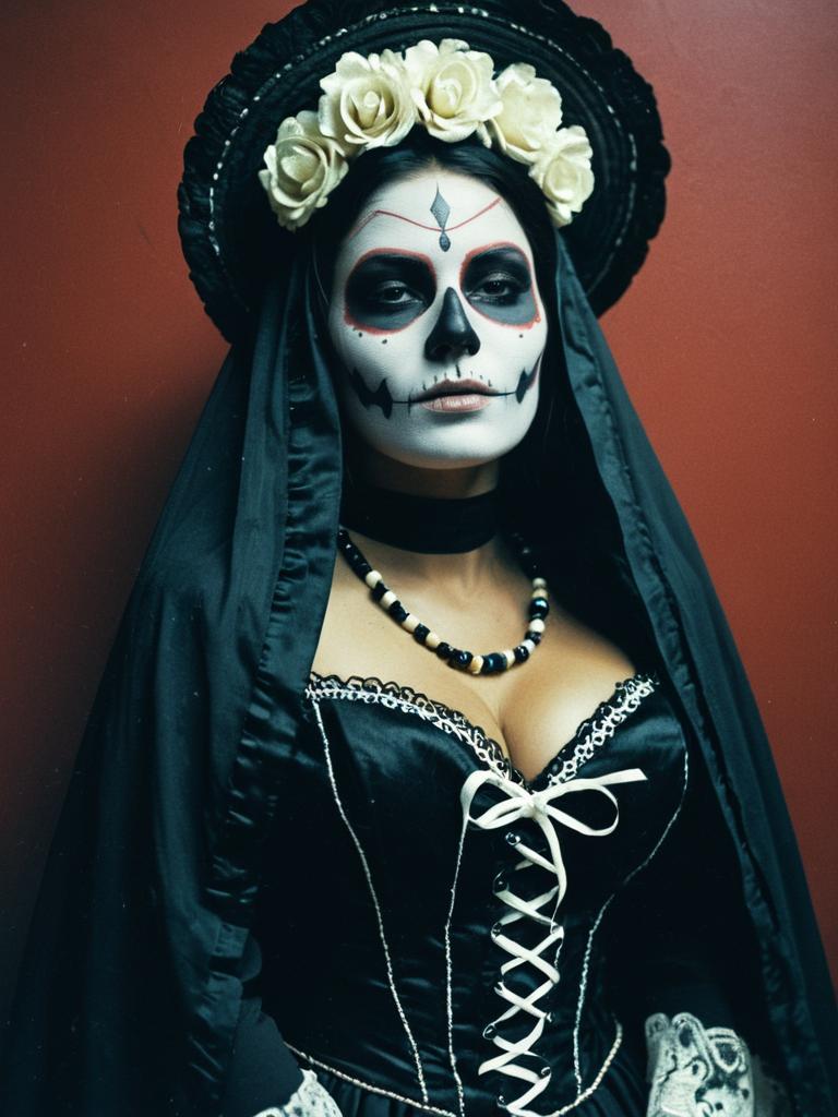 Photorealistic Portrait of Woman in La Muerte Day of the Dead Costume