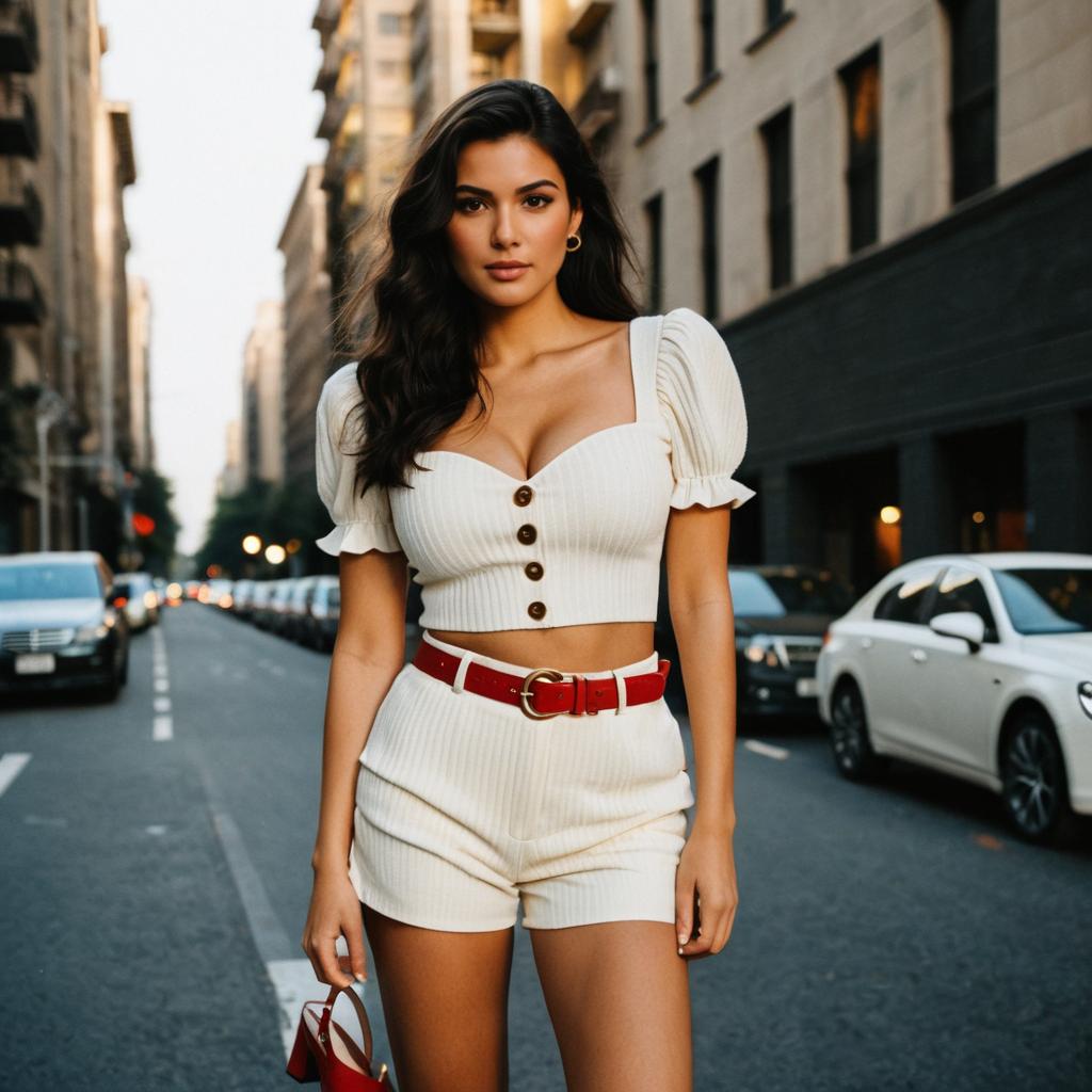 Stylish Woman in Cream Crop Top and Shorts with Red Belt on City Street