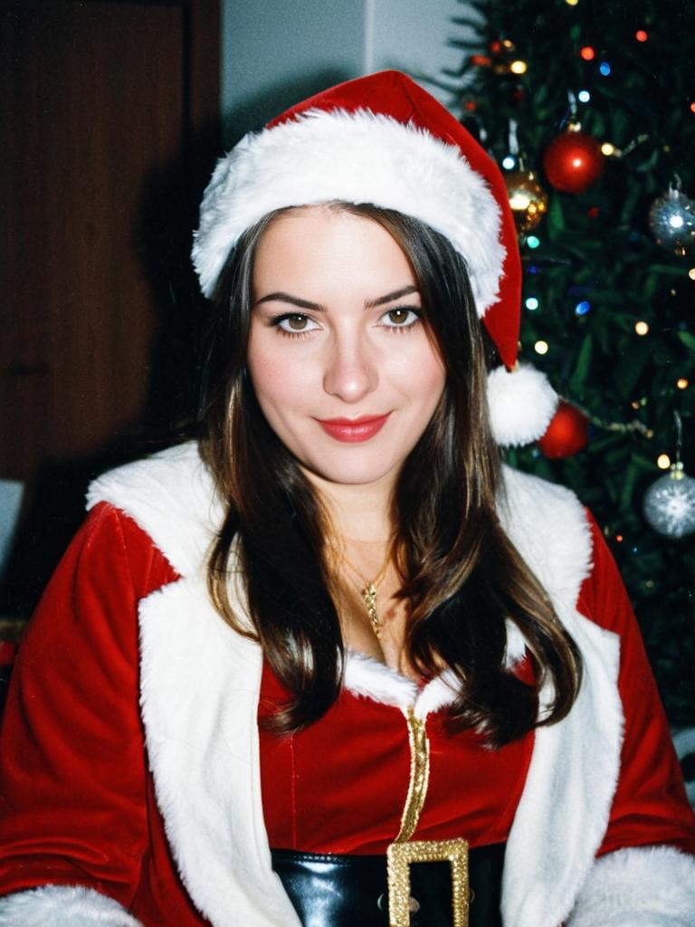 Woman in Santa Suit Costume at Christmas Party with Festive Tree Woman in Santa Suit Costume at Christmas Party with Festive Tree