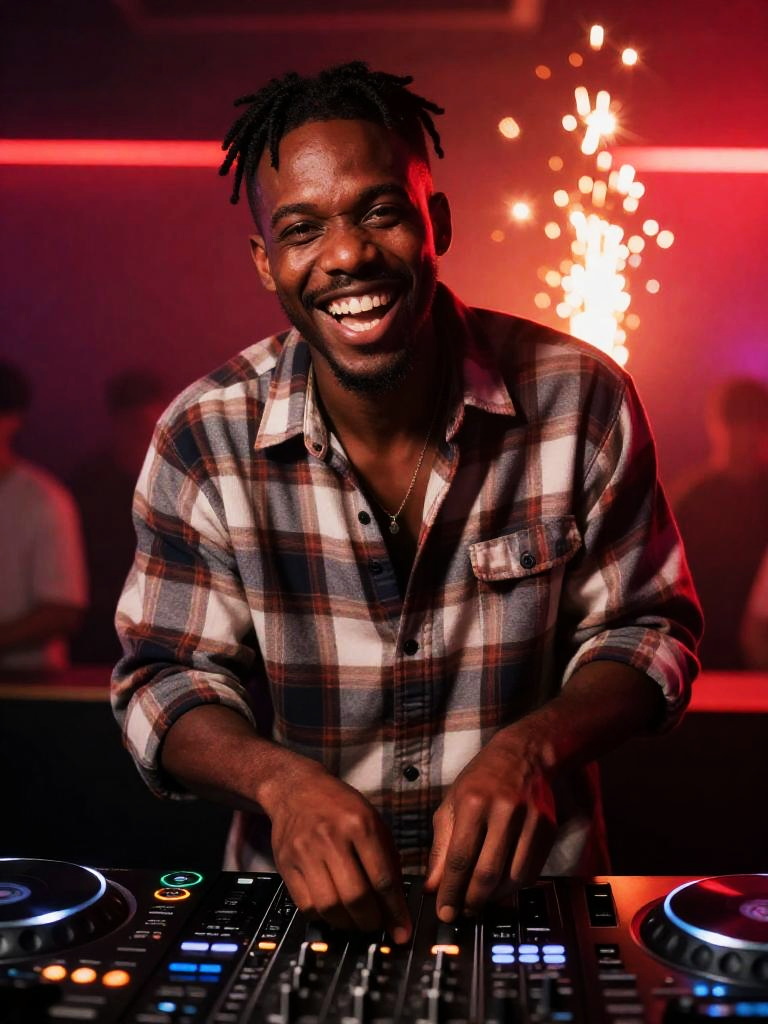 Happy African American DJ Mixing Music at Nightclub Party