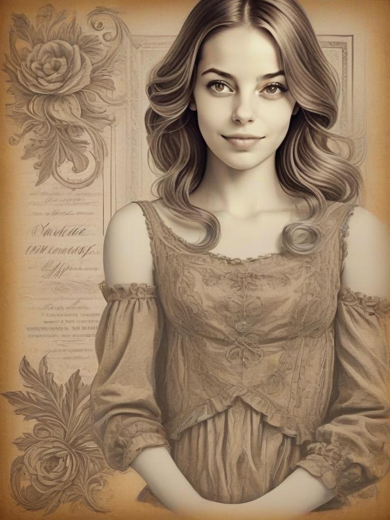 Vintage Portrait of a Young Woman with Floral Designs