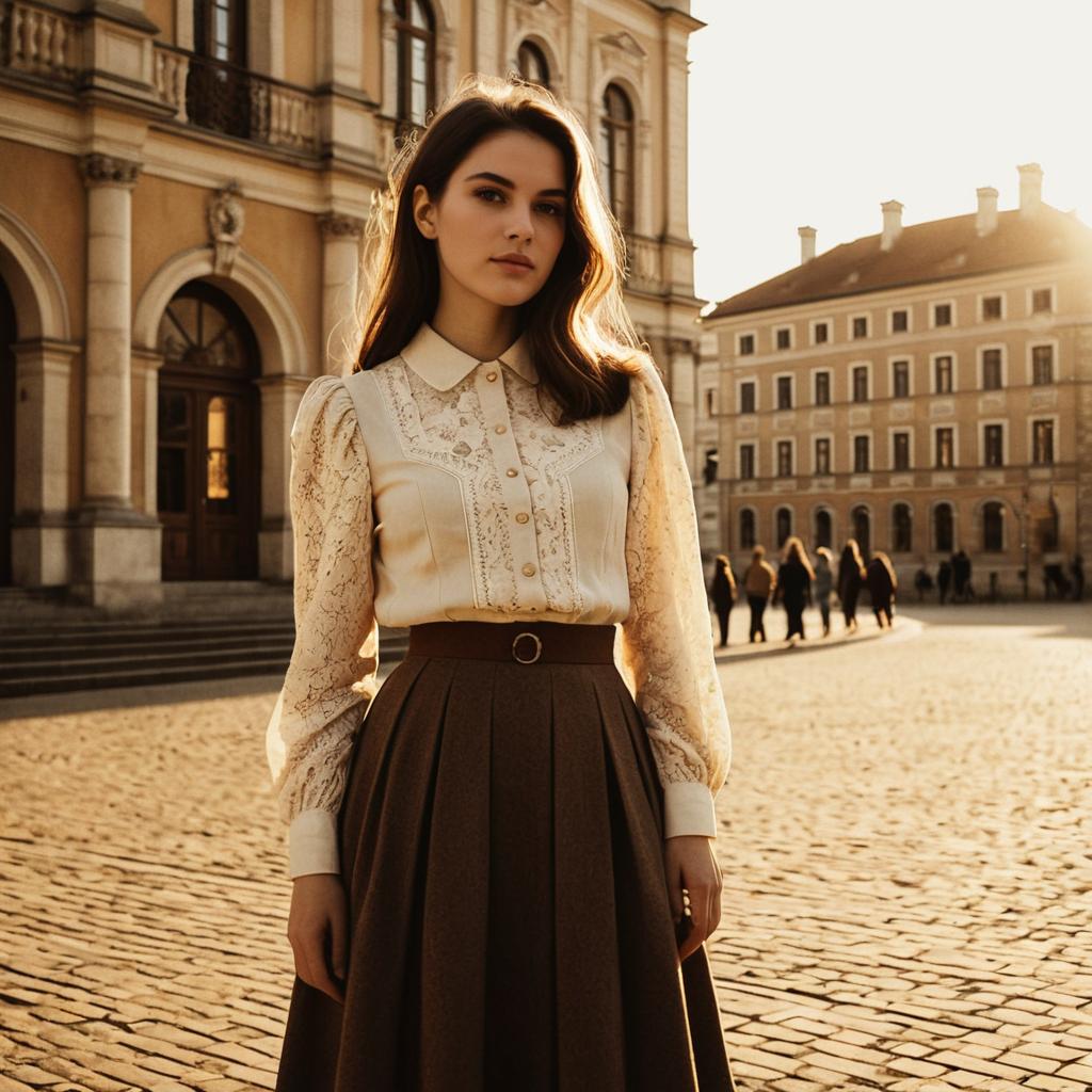 Vintage Style Woman in Historic European Square at Golden Hour