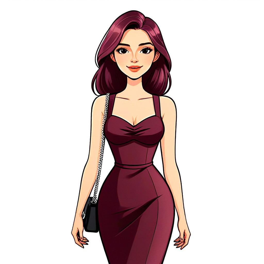 Stylish Woman with Pretty Face and Dark Magenta Hair in Maroon Dress Illustration