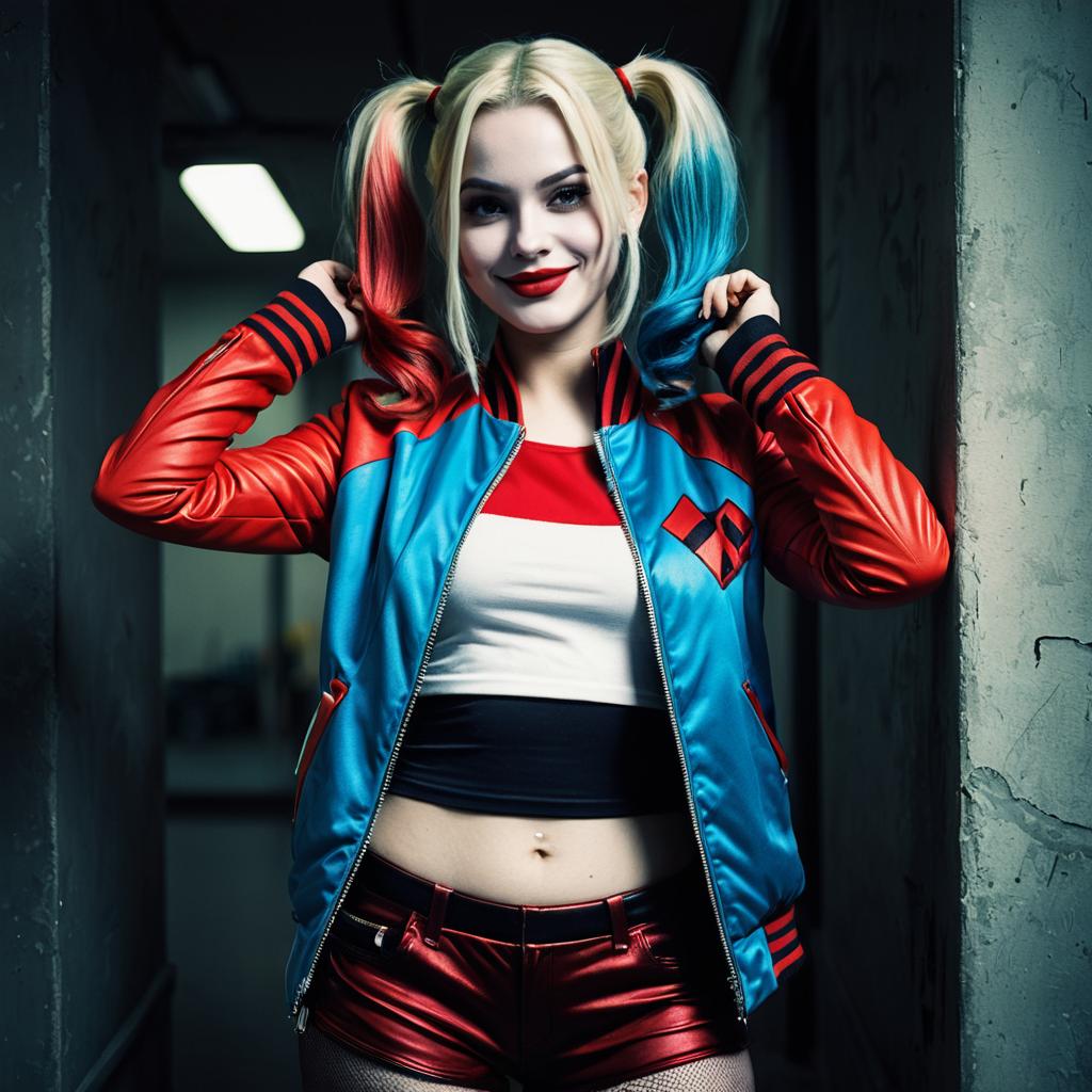 Harley Quinn Style Woman in Red and Blue Bomber Jacket Cosplay