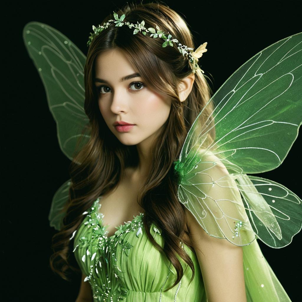 Realistic Fairy Portrait of a Woman with Green Wings and Dress