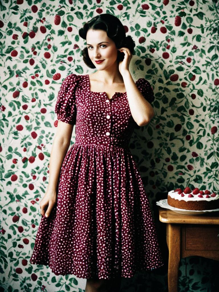 Vintage Style Woman in Burgundy Polka Dot Dress with Raspberry Cake