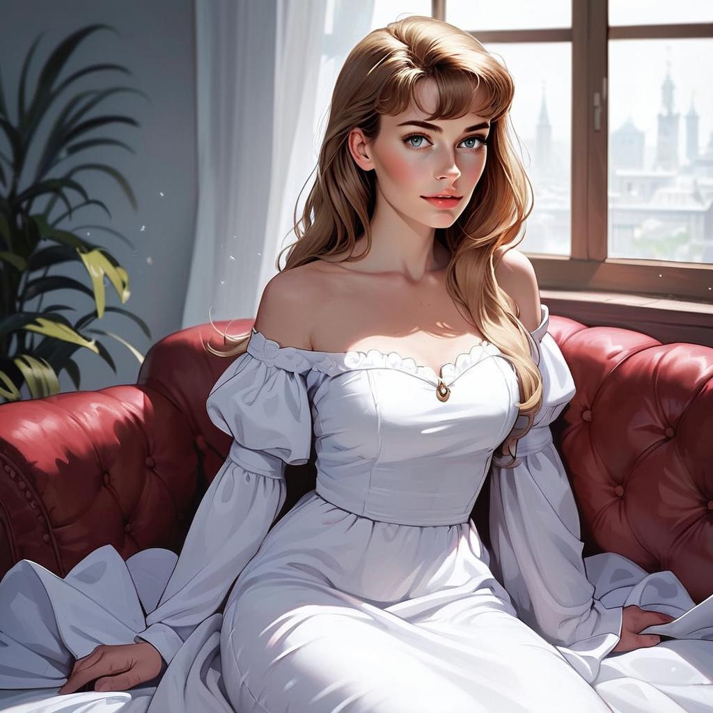 Elegant Woman in White Gown by City Window