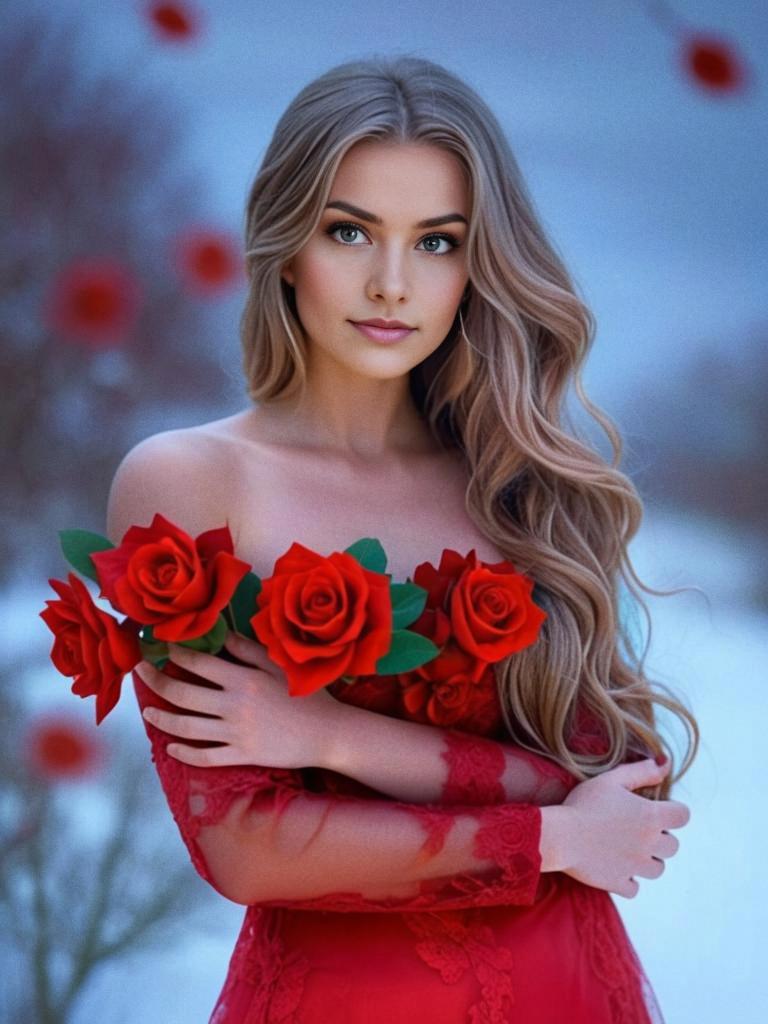 Woman in Red Dress with Roses