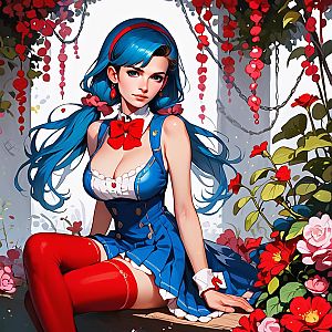 Anime Woman with Blue Hair in Floral Setting