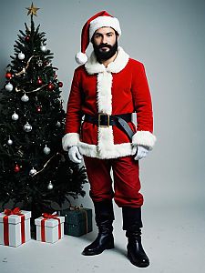 Man in Santa Claus Costume Standing by Christmas Tree with Presents