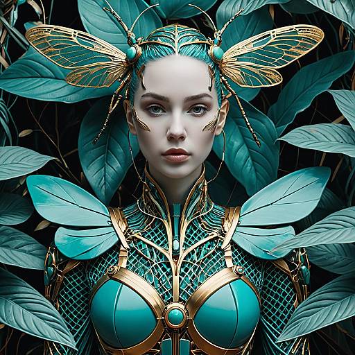 Futuristic Woman in Ornate Insect-Inspired Costume with Turquoise and Gold Design