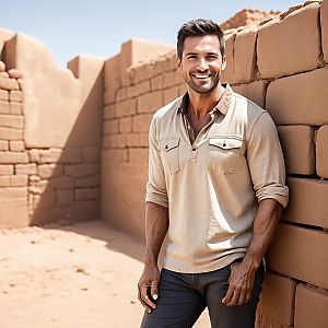 Smiling man against sunlit adobe wall