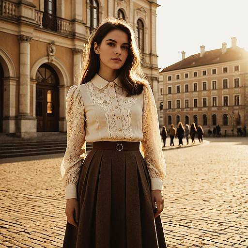 Vintage Style Woman in Historic European Square at Golden Hour