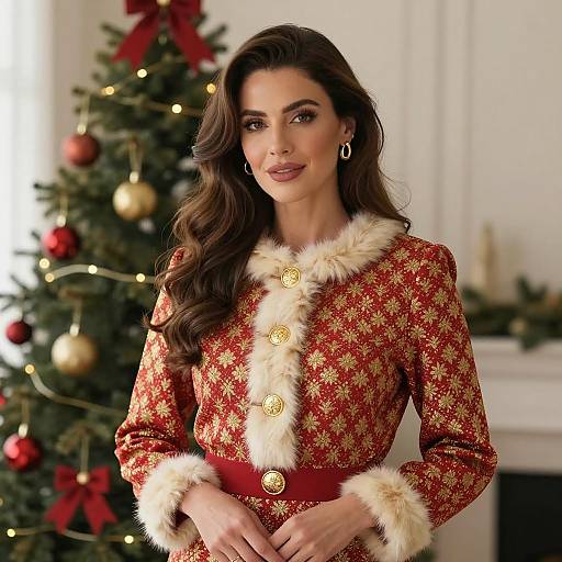 Elegant Woman in Festive Red Gold Dress with Fur Trim Christmas Tree Background