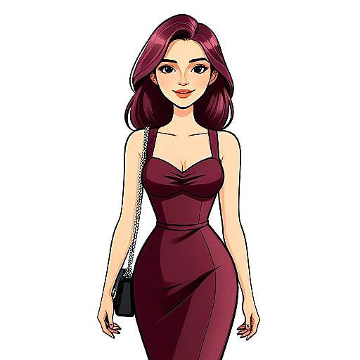 Stylish Woman with Pretty Face and Dark Magenta Hair in Maroon Dress Illustration