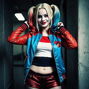 Harley Quinn Style Woman in Red and Blue Bomber Jacket Cosplay