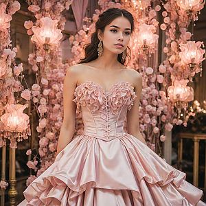 Elegant Woman in Pink Gown Amidst Blossoms