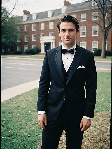 Man Wearing Classic Black Tuxedo with Bow Tie Outdoors at Formal Event