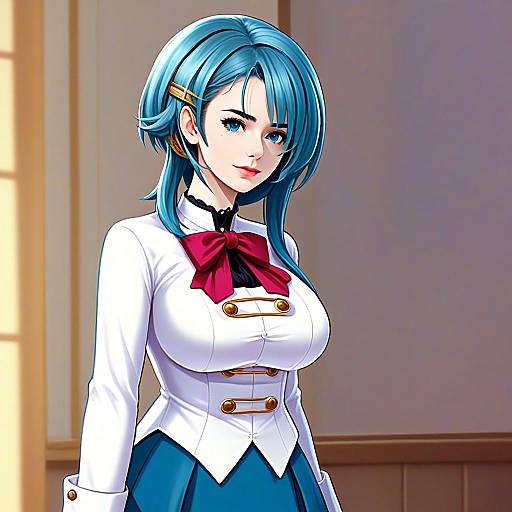 Anime Style Portrait of Blue-Haired Woman in Stylish Military-Inspired Outfit