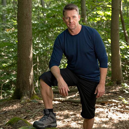 Man Posing in Forest Wearing Navy Shirt and Black Shorts