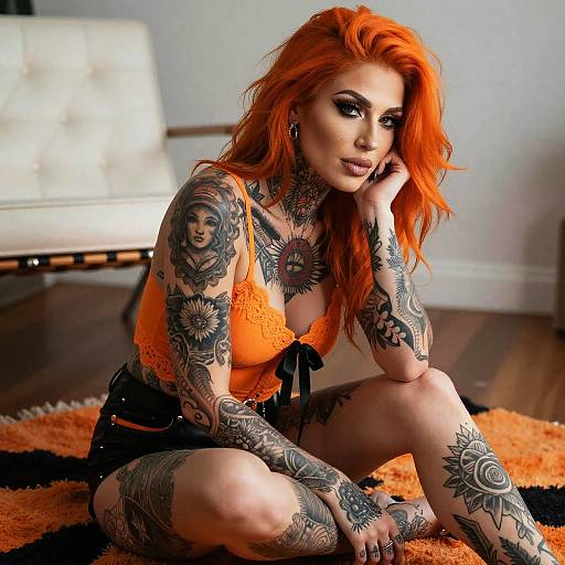 Tattooed Woman with Vibrant Orange Hair in Modern Interior