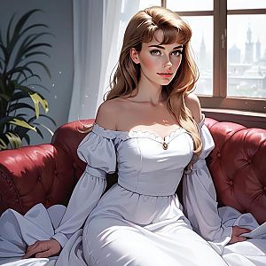 Elegant Woman in White Gown by City Window