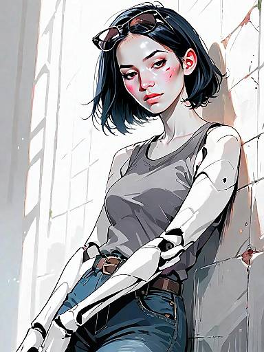 Realistic Cyberpunk Woman with Robotic Arms Comic Style Artwork