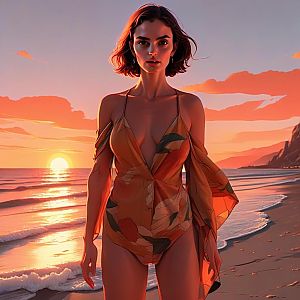 Confident Woman in Floral Swimsuit at Sunset Beach