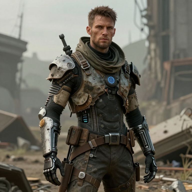 Post-Apocalyptic Man in Futuristic Armored Suit with Mechanical Elements