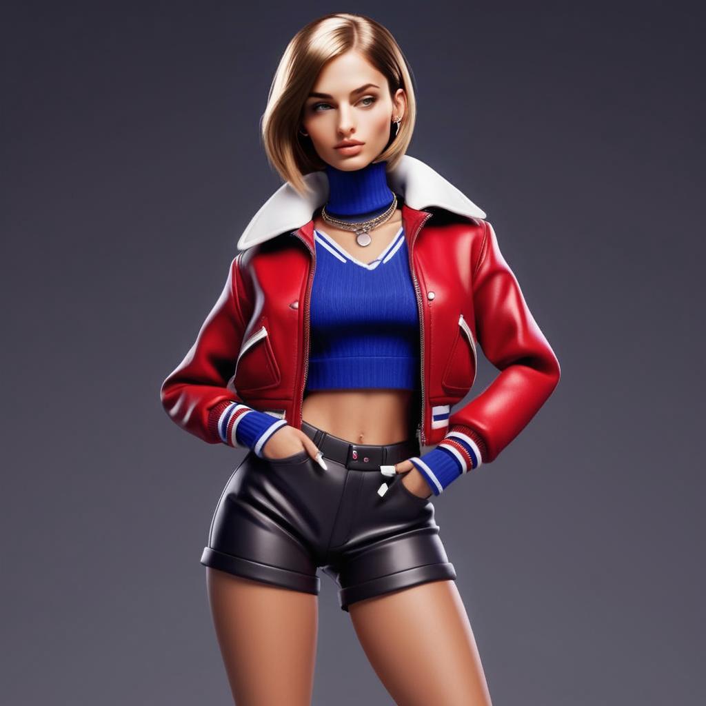 Stylish Young Woman in Trendy Red Jacket and Blue Sweater