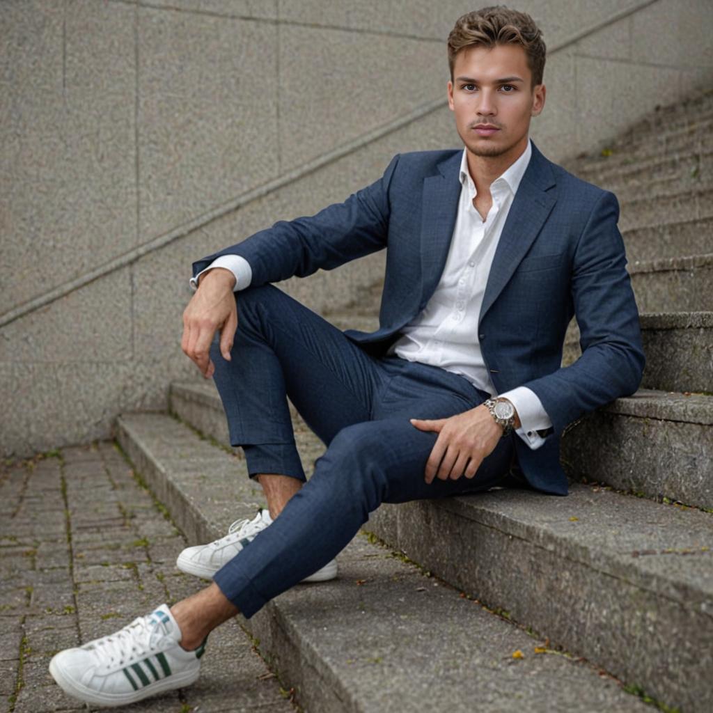 Stylish Young Man in Blue Suit with Sneakers