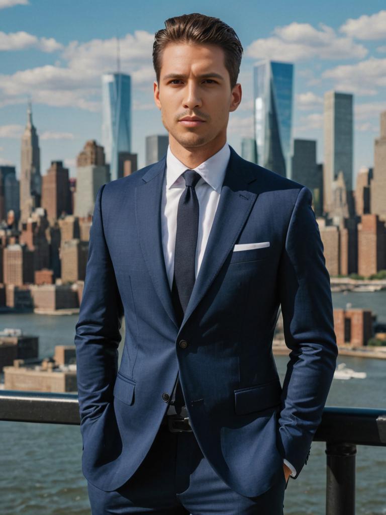 Dapper Man in Tailored Suit with Urban Skyscrapers