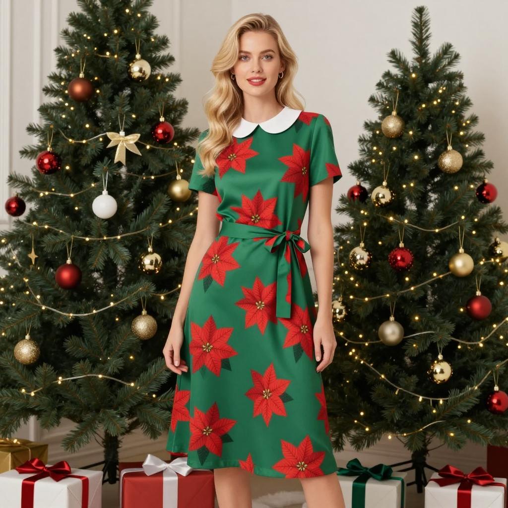 Woman in Festive Green Poinsettia Dress Standing by Christmas Trees with Gifts