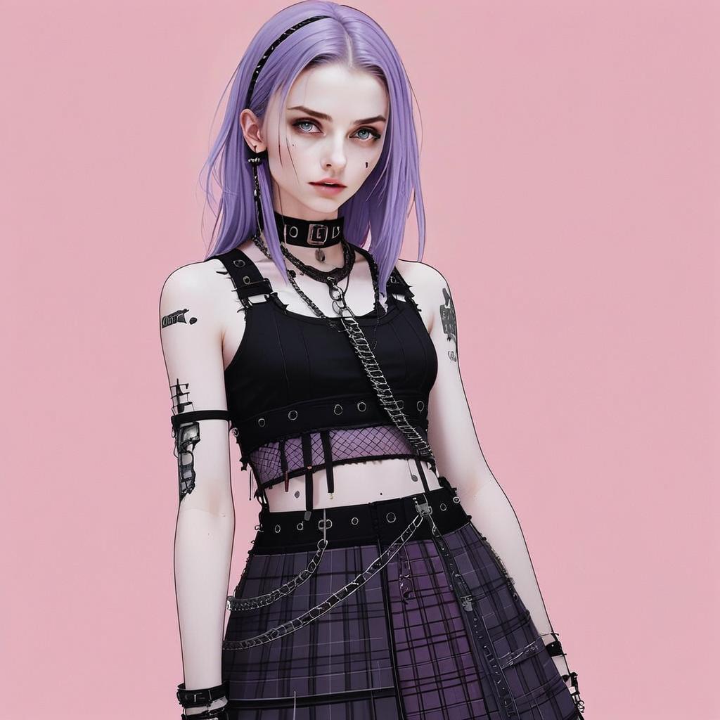 Stylish Young Woman with Lavender Hair in Punk Outfit Stylish Young Woman with Lavender Hair in Punk Outfit
