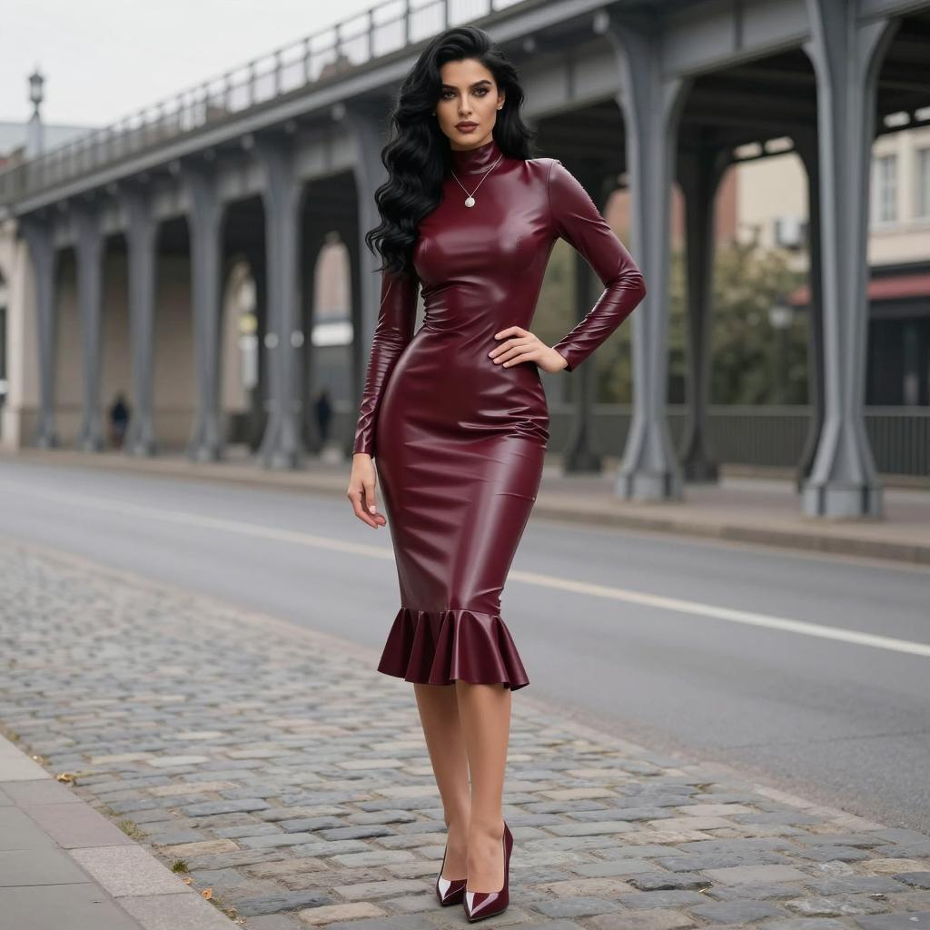 Elegant Woman Wearing Burgundy Faux Leather Dress on Urban Street