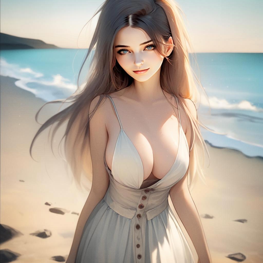 Young Woman on Serene Beach in Pastel Anime Style