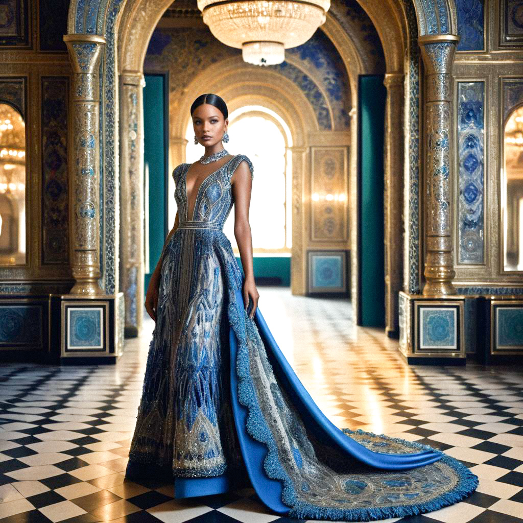 Woman in Blue Gown in Opulent Interior