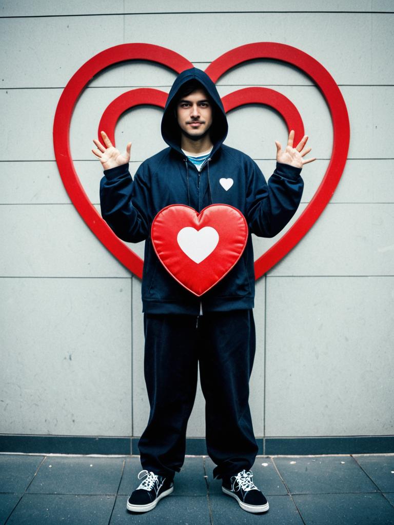 Man in Hoodie with Heart Cushion