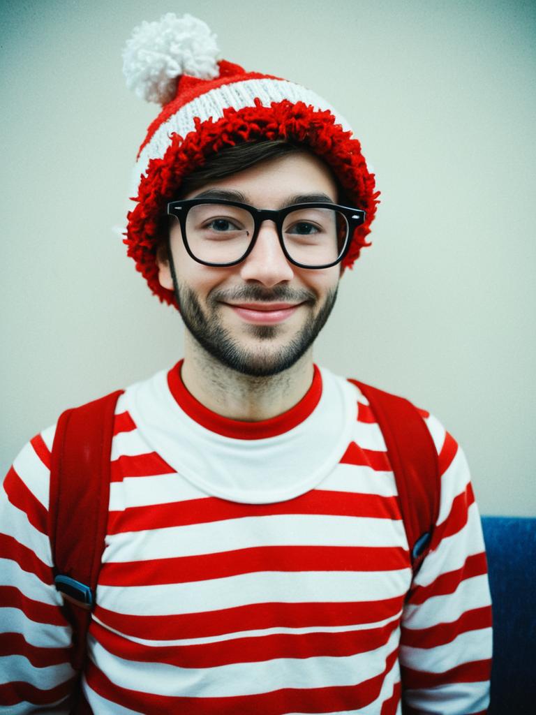 Man in Classic Where's Wally Costume with Striped Shirt and Knitted Hat
