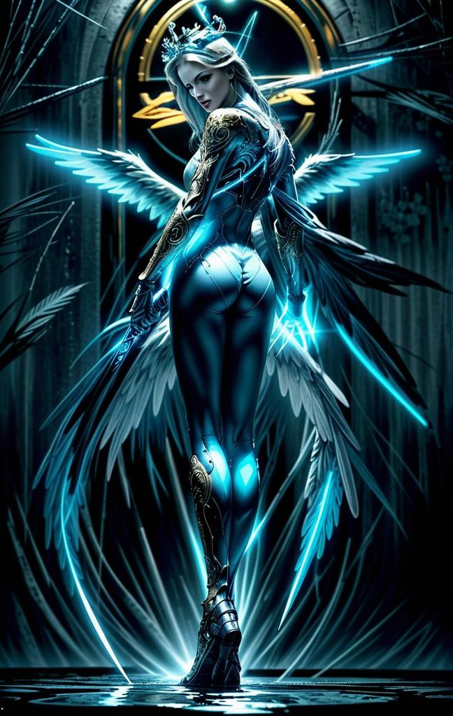 Cybernetic Angel Woman in Futuristic Metallic Bodysuit with Glowing Wings