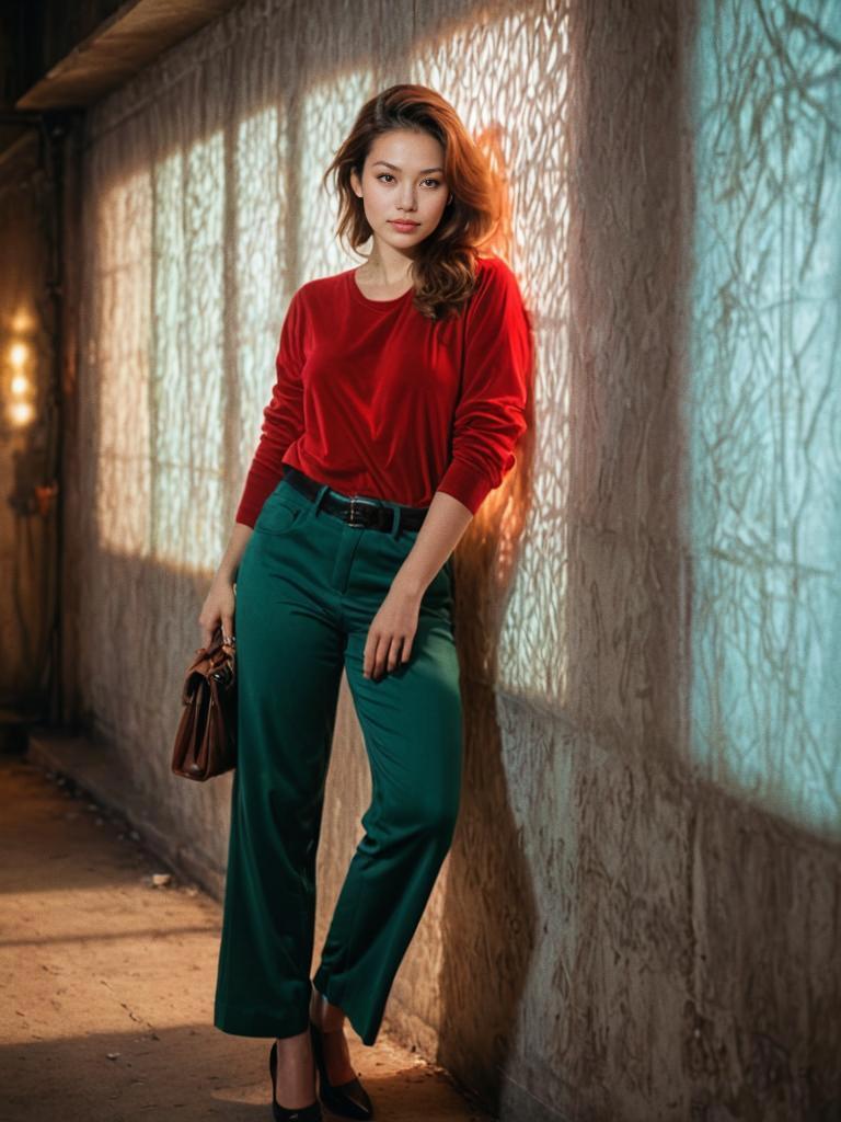 Stylish Woman in Red Velvet and Green Trousers