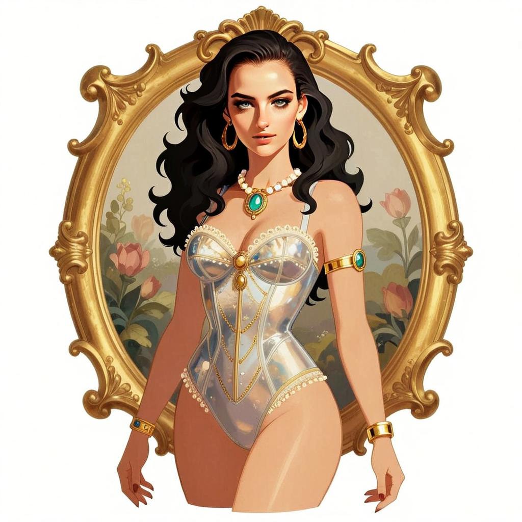 Elegant Digital Portrait of Woman in Shimmering Corset with Gold Jewelry