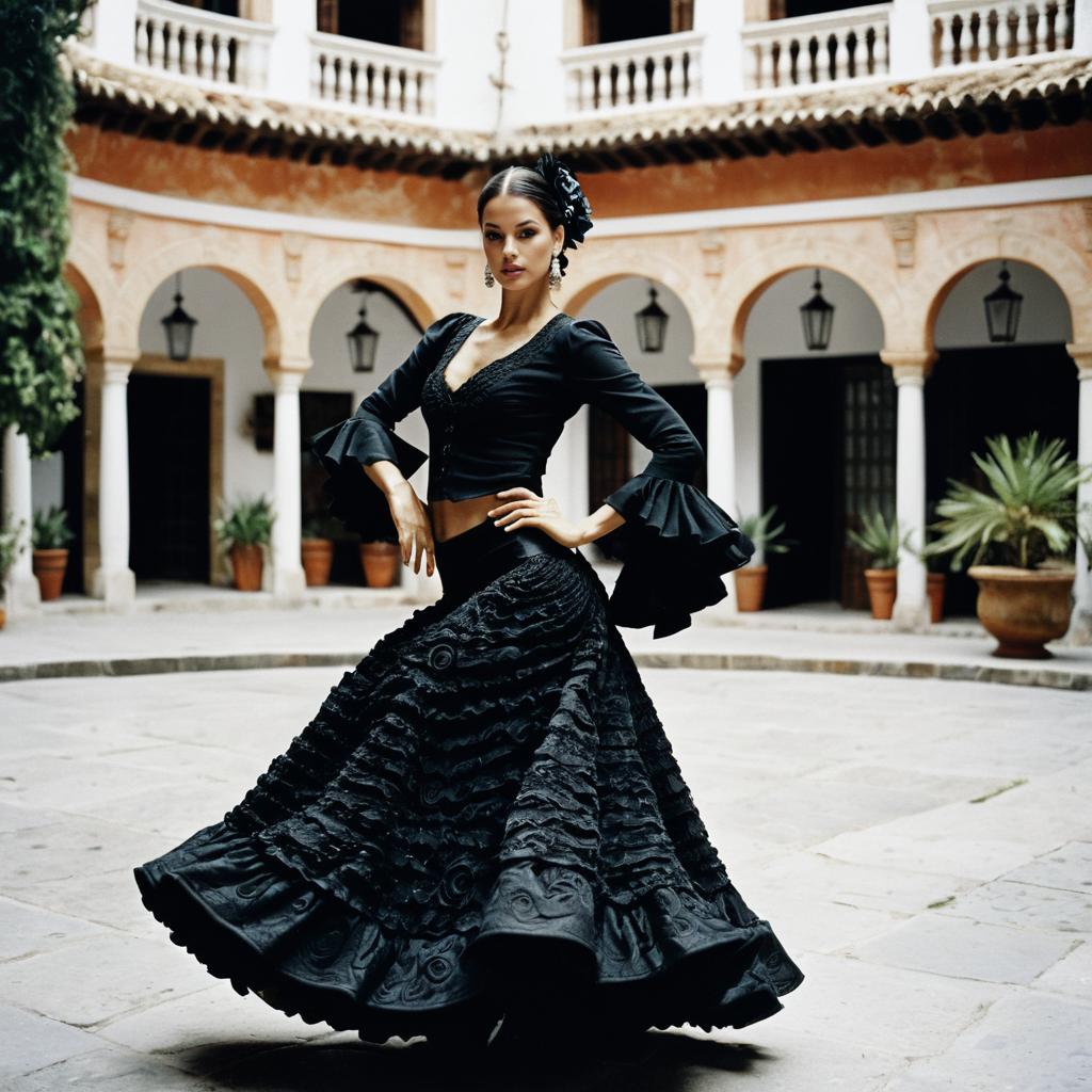 Elegant Woman in Traditional Black Flamenco Dress Posing in Historic Courtyard